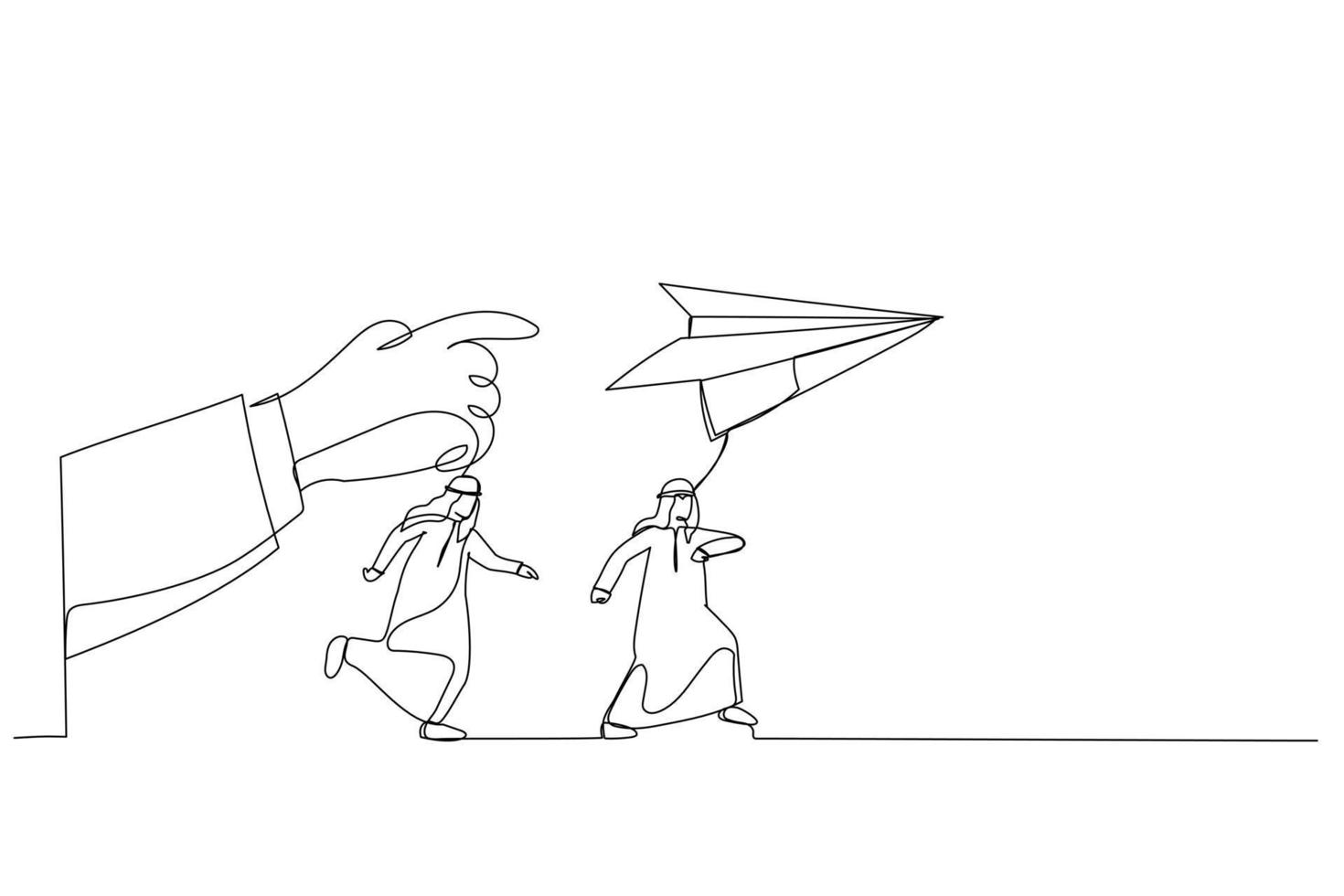 Cartoon of arab businessman run to paper plan. Metaphor for follow instruction. Continuous line art style vector