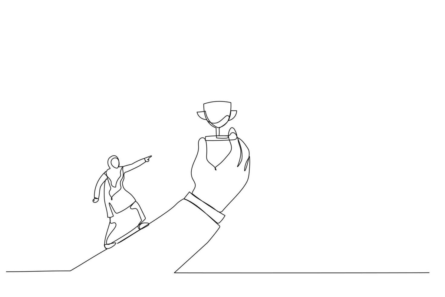 Drawing of aran woman run with full effort to reach trophy cup in giant hand. Metaphor for motivation to achieve goal, small win to motivate employee. Continuous line art style vector