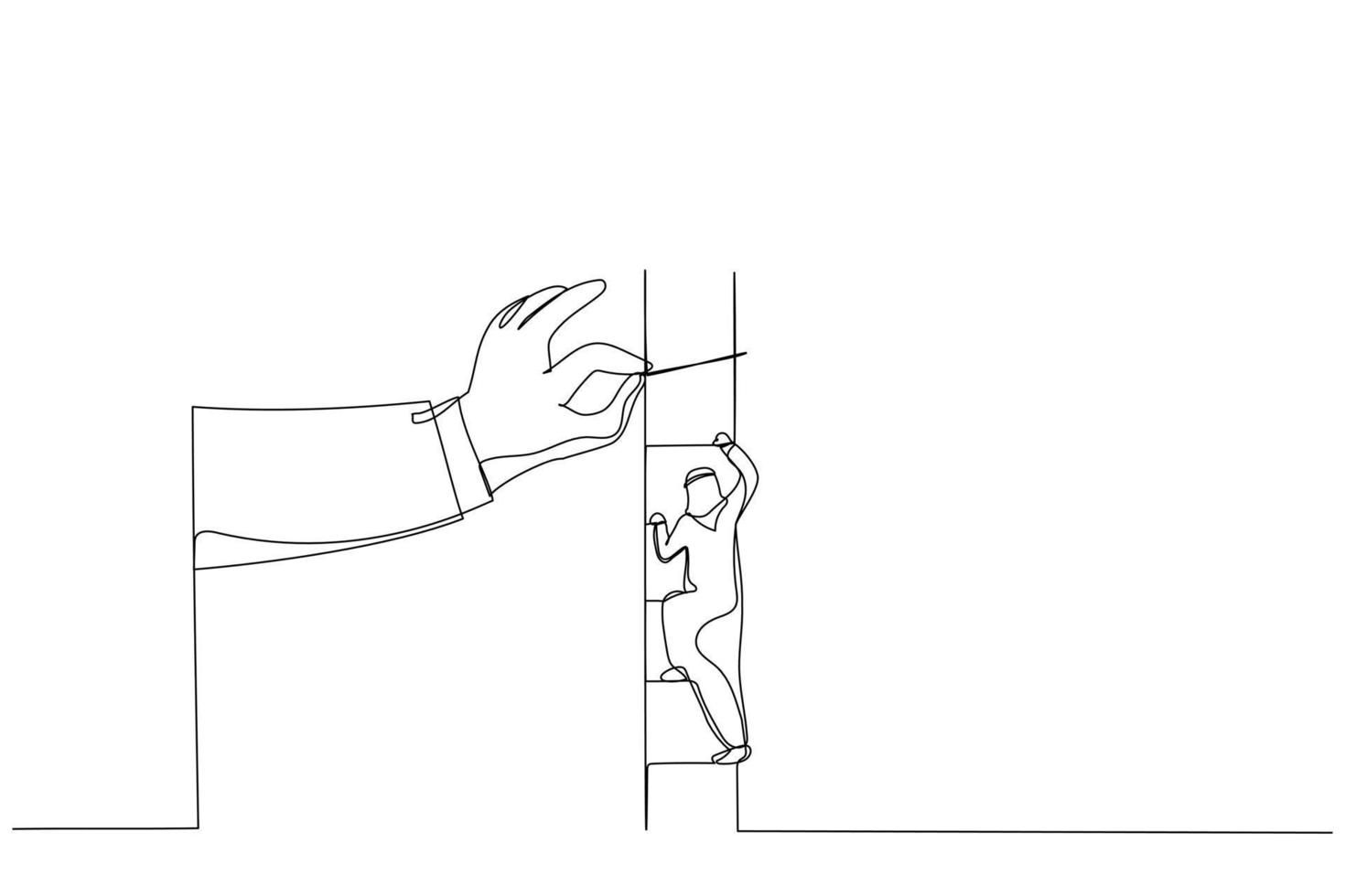 Drawing of big hand help arab businessman build ladder. Single line art style vector