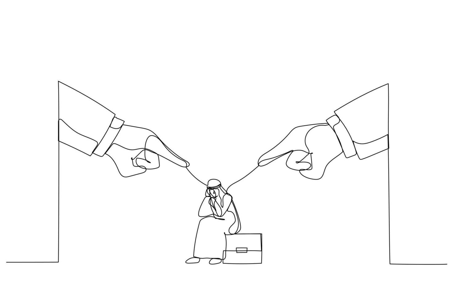 Illustration of giant boss hands pointing and blaming at depressed arab businessman employee. Metaphor for toxic work, abuse or bullying colleagues. One continuous line art style vector