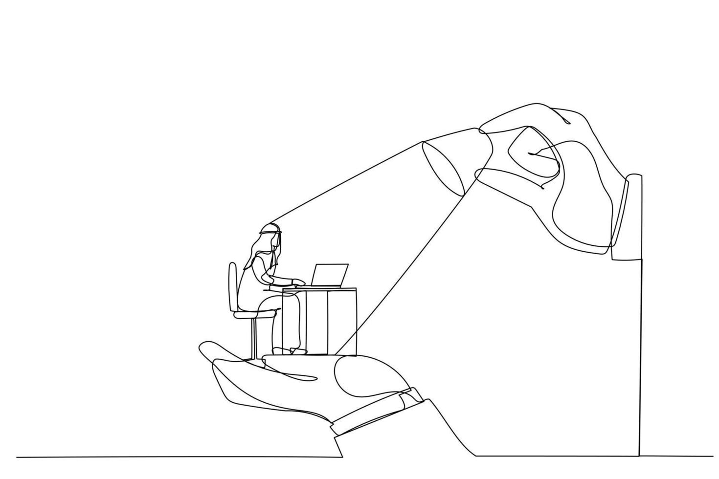 Illustration of big hands holding arab man and lighting on the top, metaphor for control, support and coordination. One continuous line art style vector