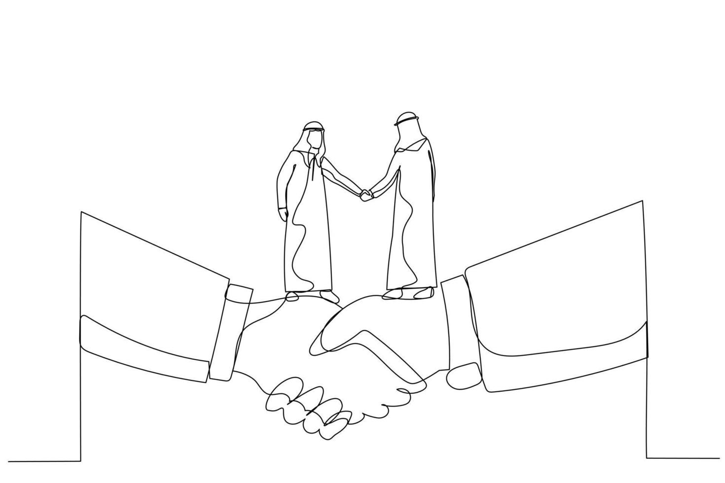 Drawing of arab businessman shaking hands and making deal standing on giant hand. Metaphor for small and big business. Single line art style vector