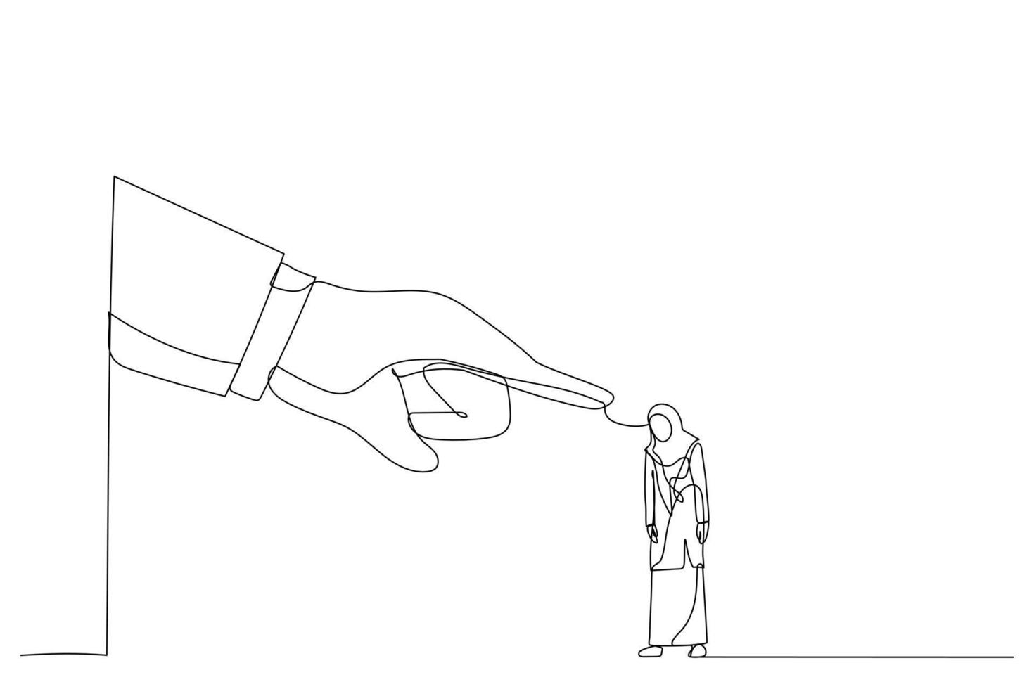 Cartoon of giant hand angry points a finger at arab woman employee Cartoon of giant hand angry points a finger at arab woman employee