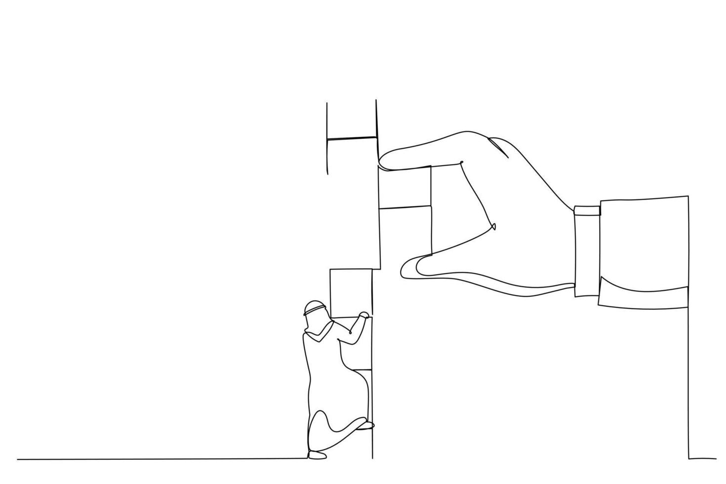 Cartoon of arab businessman climbing up to top of broken ladder with huge helping hand to connect to reach higher. Single continuous line art style vector