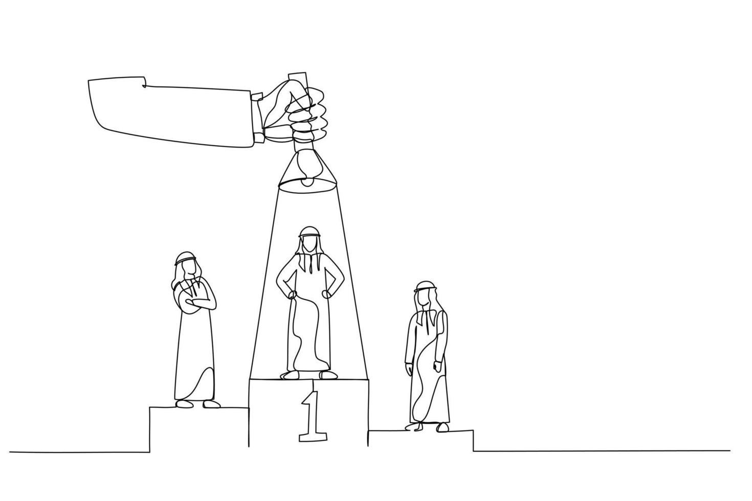 Cartoon of arab businessman on podium, one among them being flash lighted by big hand from top using flashlight. Single continuous line art style vector