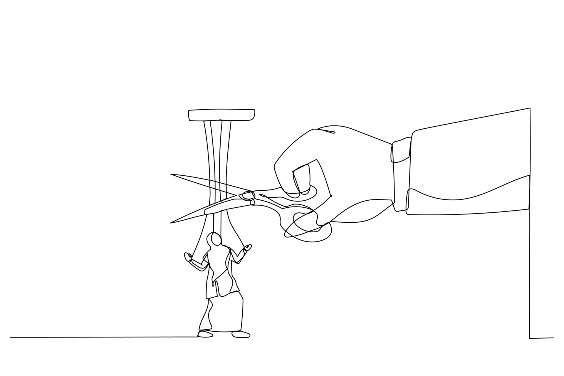Cartoon of giant hand with scissors cutting the strings attached to muslim businesswoman