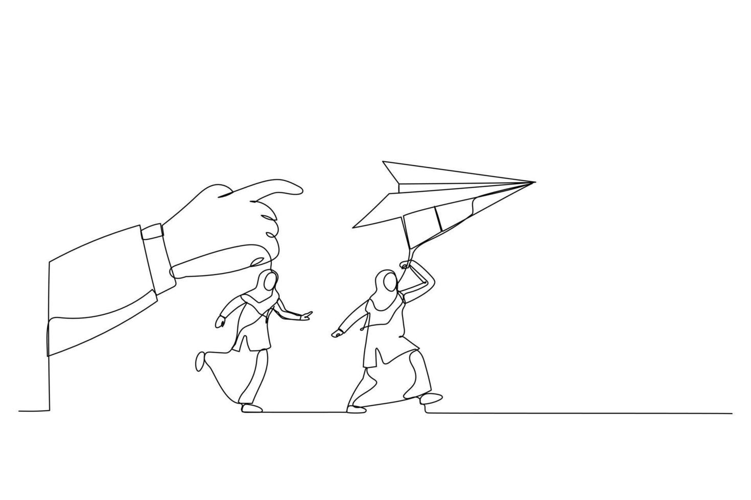 Illustration of muslim businesswoman run to paper plan. Metaphor for follow instruction. Single line art style vector