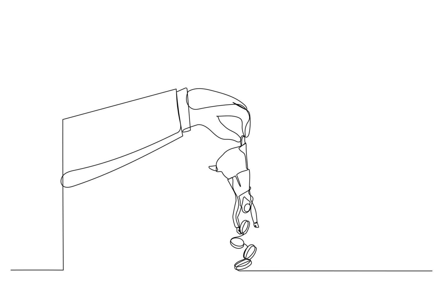 Illustration of greed hand hold muslim woman shaking to get all their money. Metaphor for tax hike, government increase tax or steal money from people. Single line art style vector