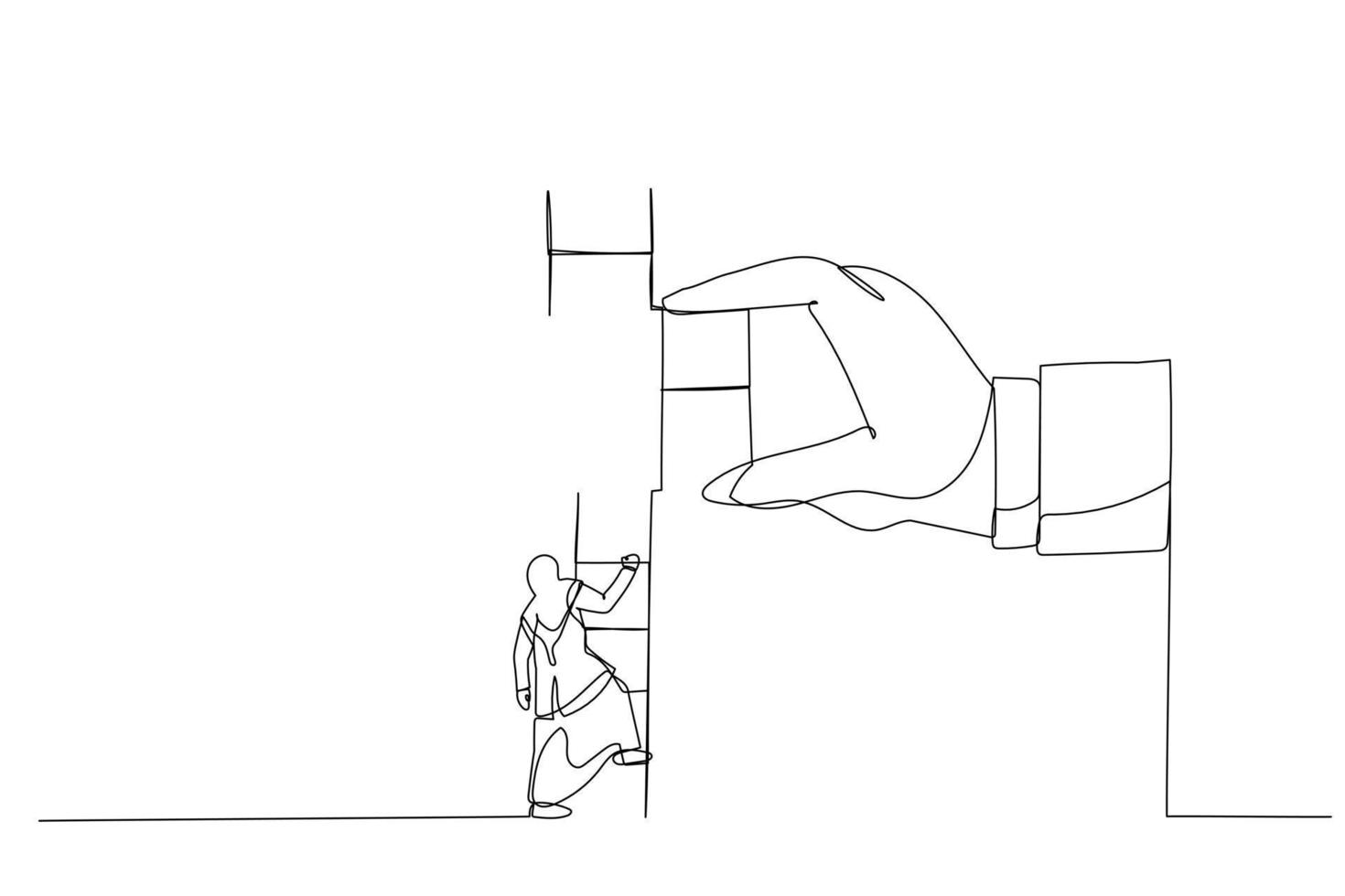 Illustration of muslim woman climbing up to top of broken ladder with huge helping hand to connect to reach higher. Single line art style vector