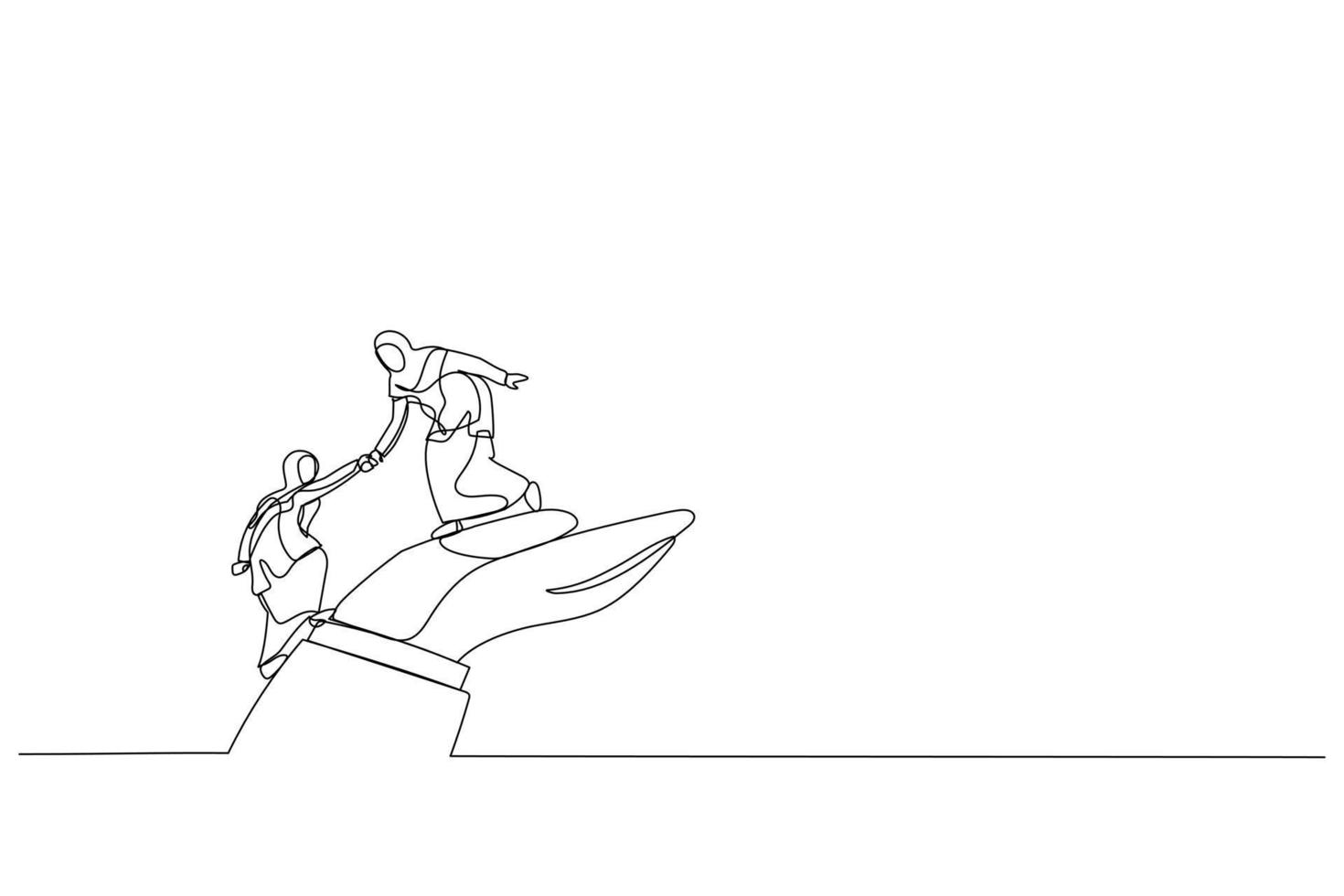 Drawing of arab woman helps companion climb to the giant hand. Single continuous line art vector