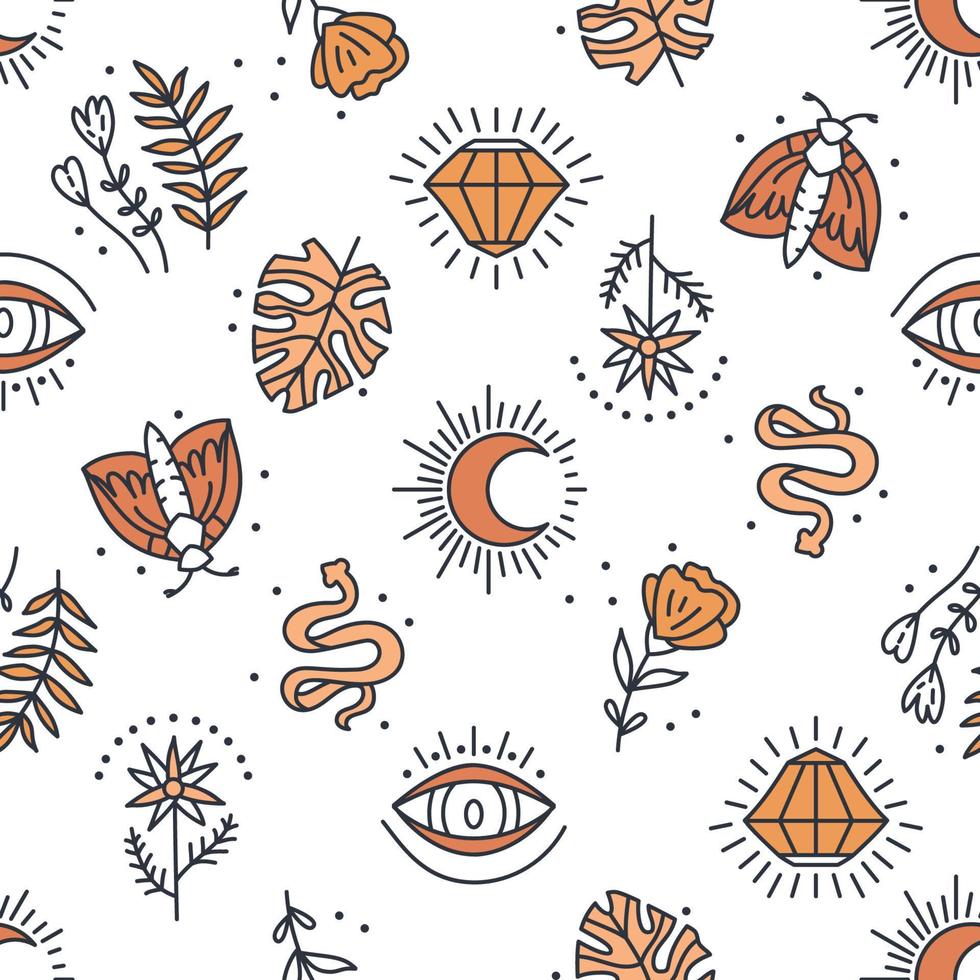 Seamless pattern with mystical boho elements in lineart style vector