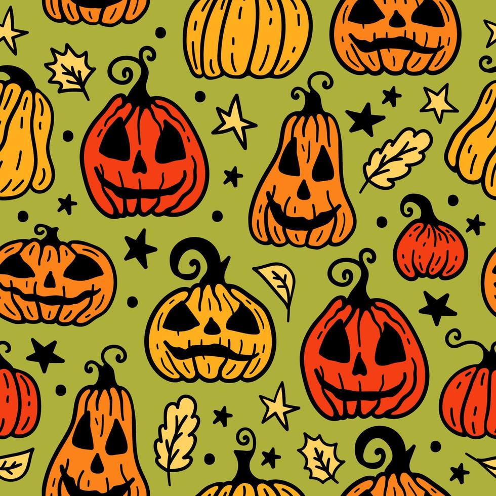 Seamless pattern of cute cartoon orange Halloween pumpkin on green background. vector
