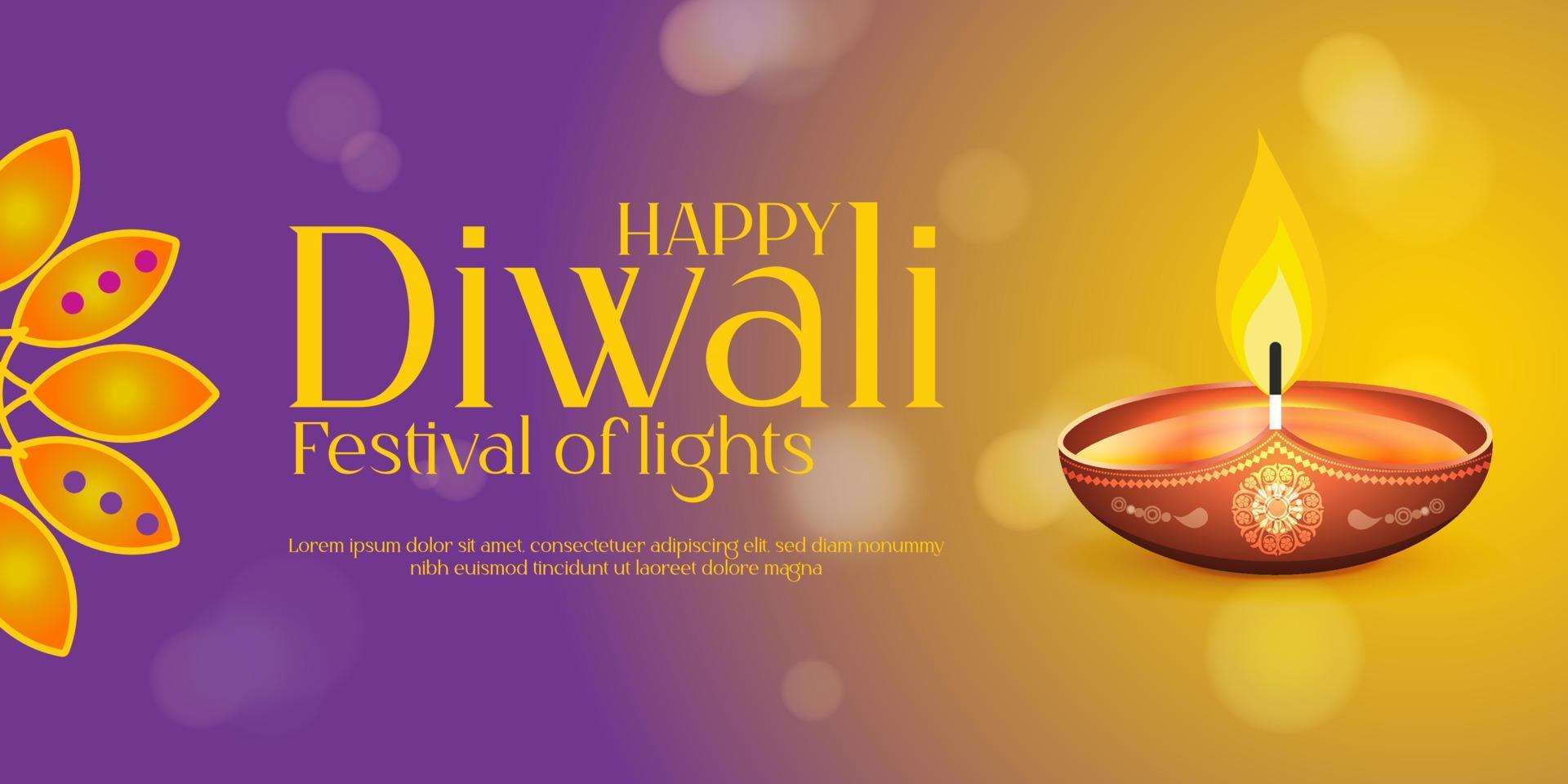 banner design with illustration of realistic illuminated oil lamps and floral mandala on blurred bokeh background for Diwali festival vector