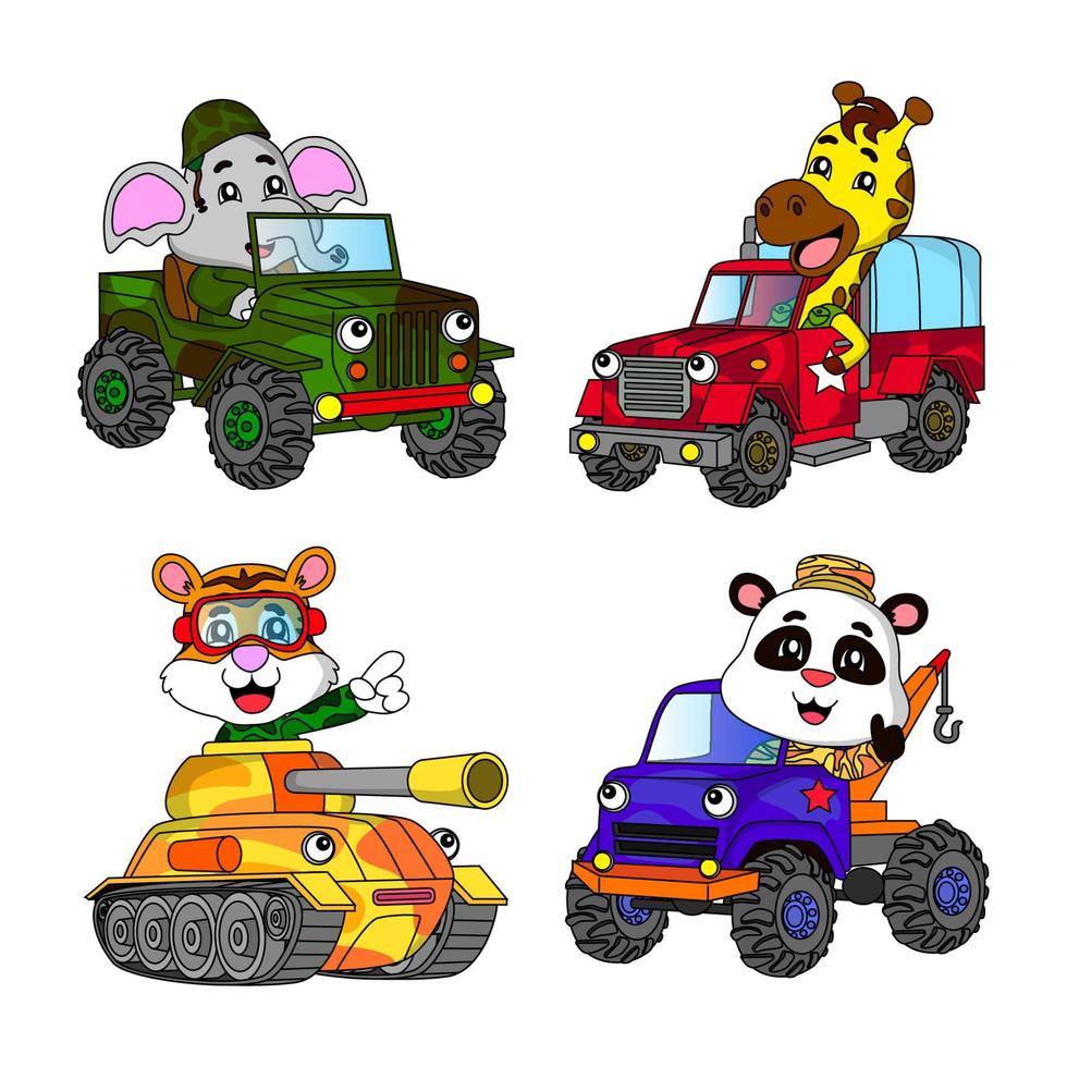 cartoon set of illustrations of animals and military vehicles, elephants, giraffes, tigers and pandas, tanks, armored vehicles, great for illustration of children's books, stickers, stationery, web vector