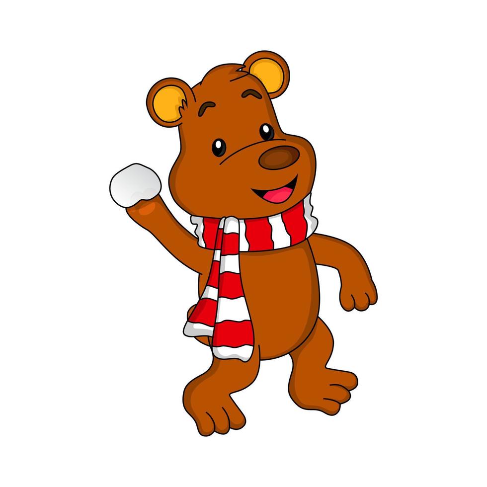 ilustración de un oso lanzando una bola de nieve con una cara alegre y divertida, usando una bufanda, adecuada para ilustraciones de libros infantiles, papelería, afiches, diseños de empaques, diseños de cajas de cereales vector