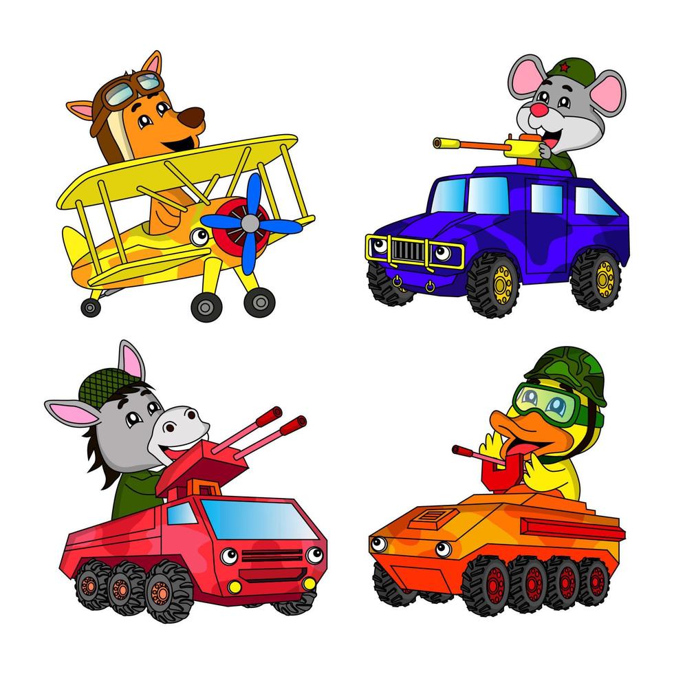 cartoon set of illustrations of animals and military vehicles, kangaroos, mice, donkeys, and ducks, tanks, armored vehicles, great for illustration children's books, game, stationery, websites vector