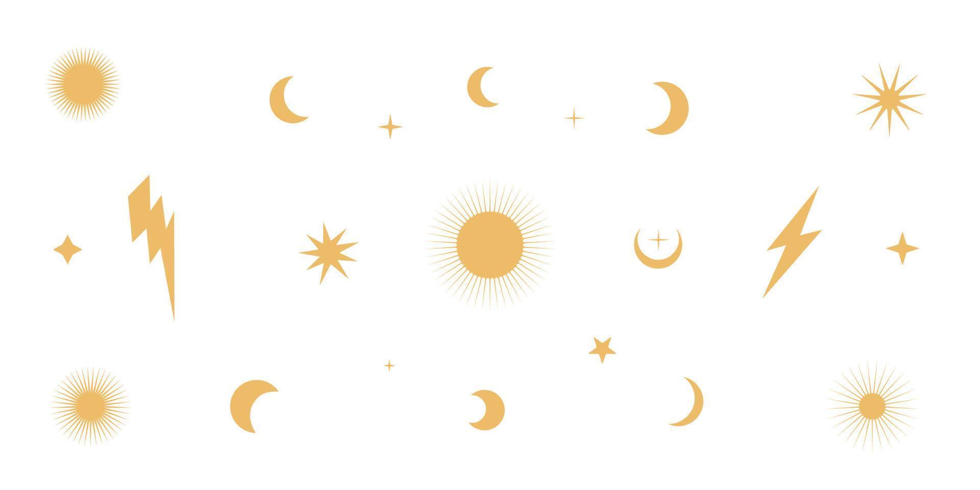 Flat vector hippy boho illustration. Hand drawn retro groovy celestial set elements, sun, stars, lightnings