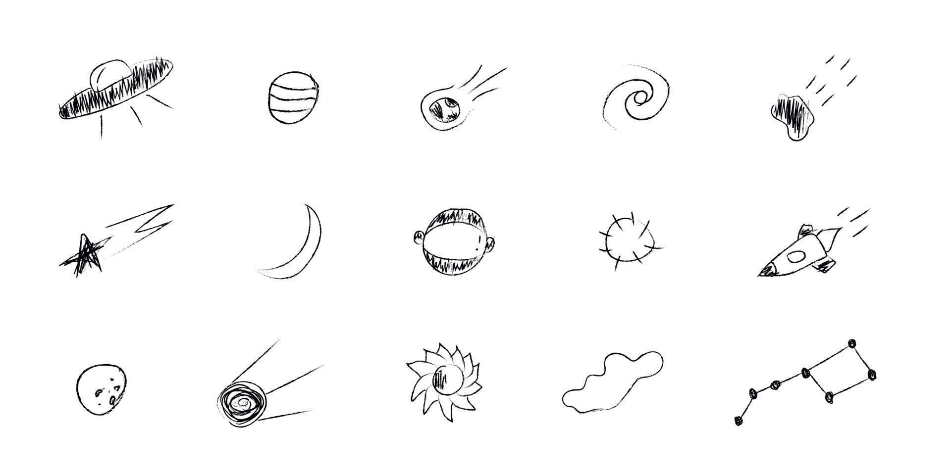 Doodle cosmos illustration set in childish style, design clipart. Hand drawn abstract space elements with lettering. Black and white. vector