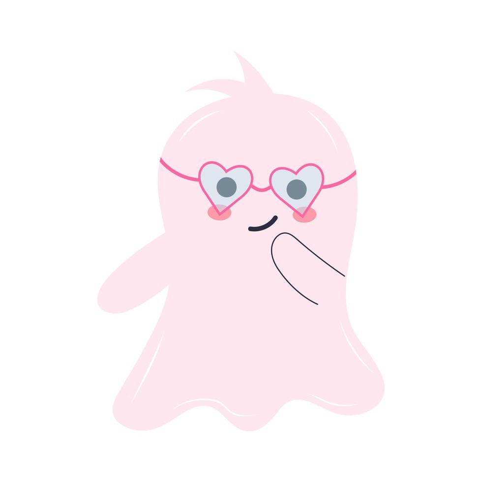 Cute pink ghost in a heart shaped glasses. Halloween character isolated on white background. vector