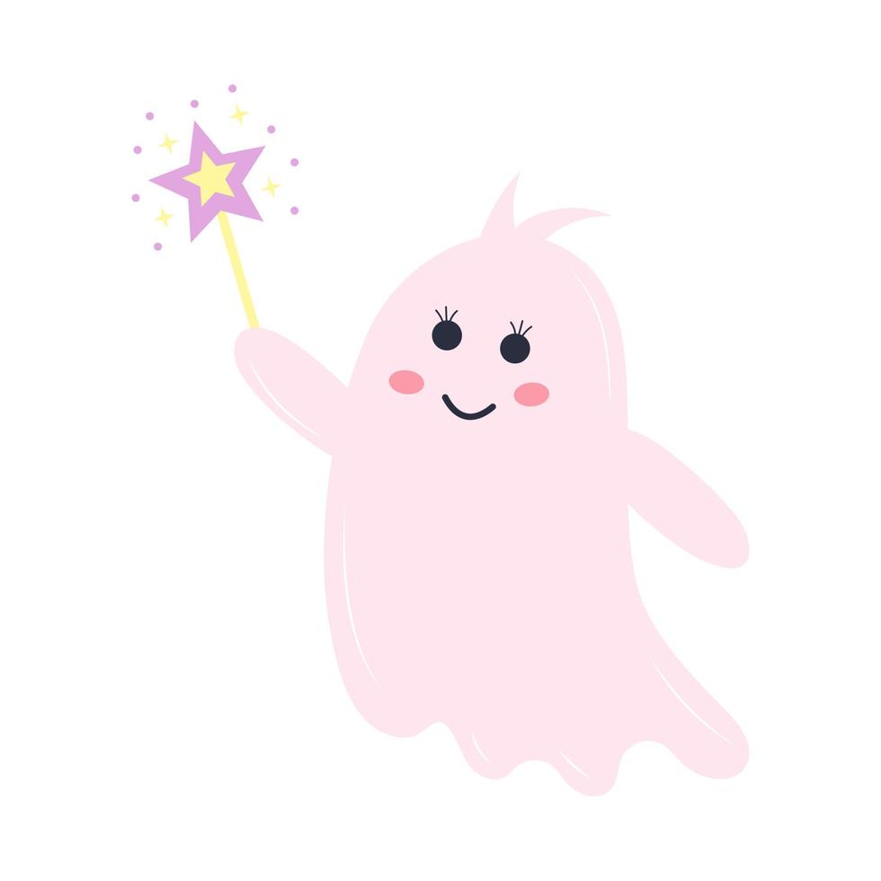 Cute pink ghost with a magic wand. Halloween character isolated on white background. vector