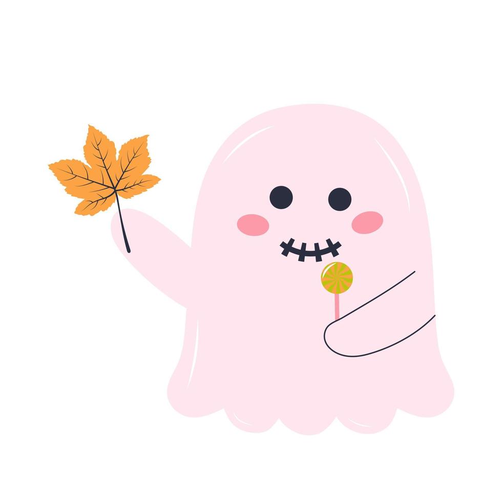 lindo fantasma rosa con piruleta y hoja de otoño. personaje de halloween aislado sobre fondo blanco. vector