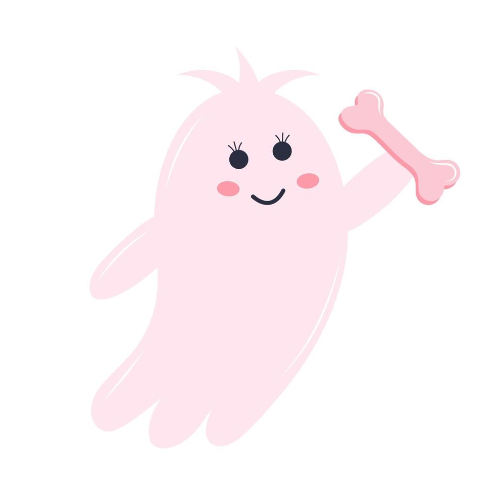 Cute pink ghost with a bone. Halloween character isolated on white background. vector