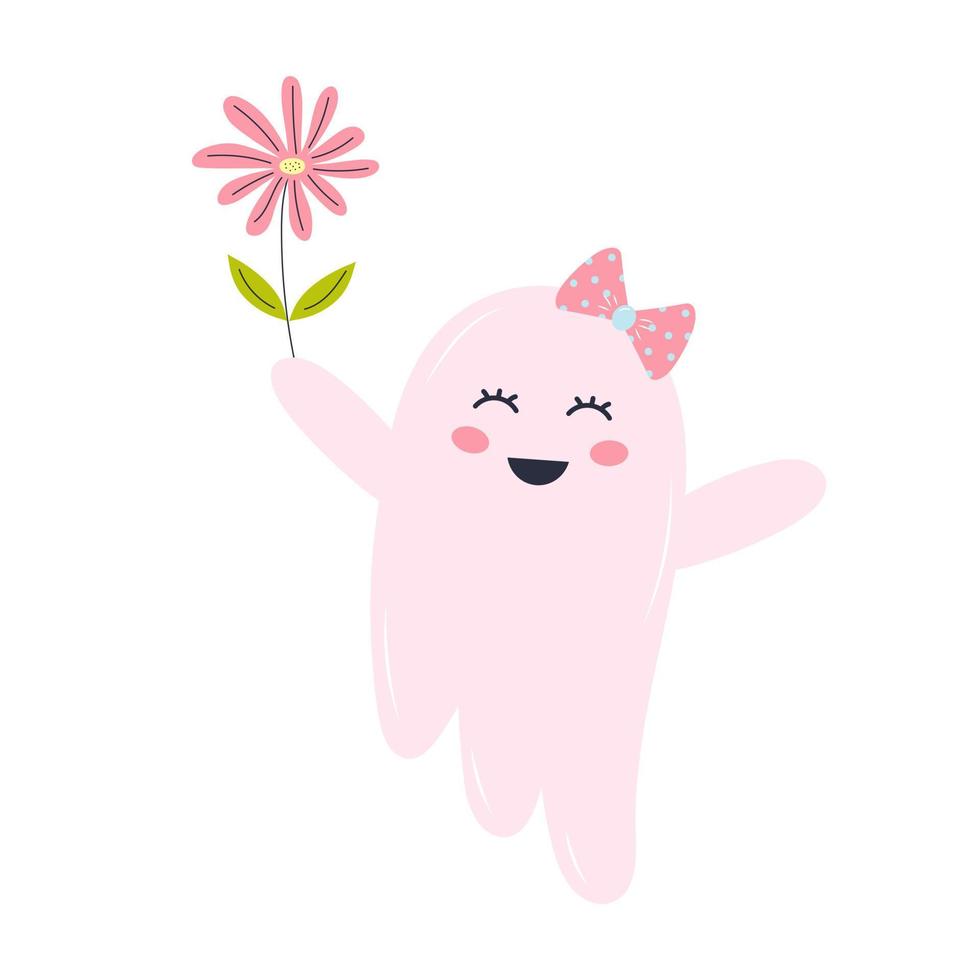 lindo fantasma rosa con una flor. personaje de halloween aislado sobre fondo blanco. vector