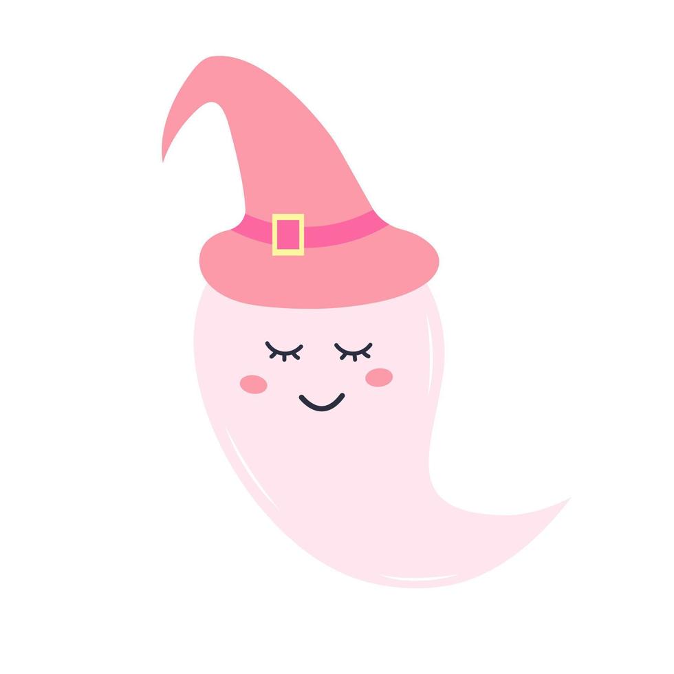Cute pink ghost in a hat. Halloween character isolated on white background. vector