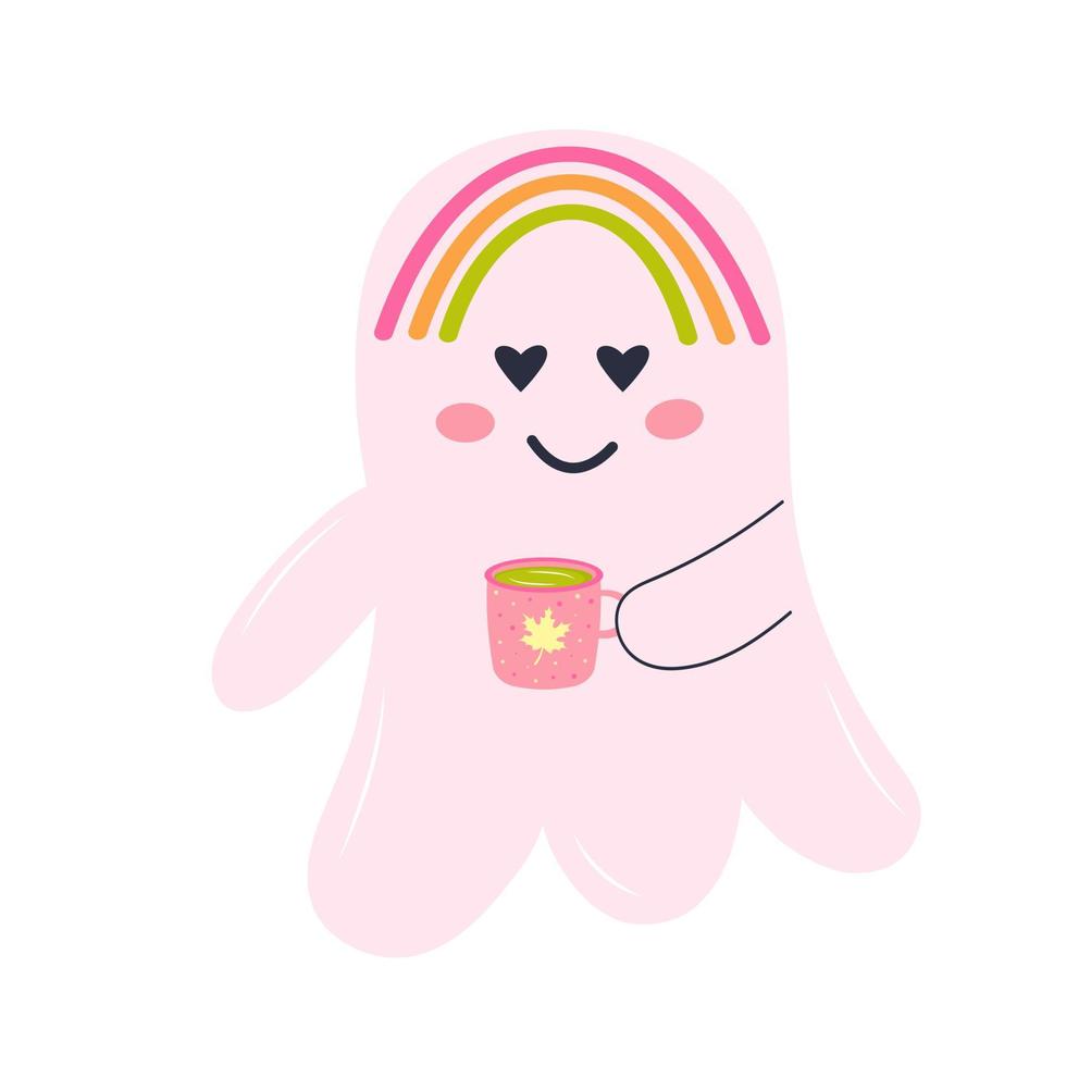 Cute pink ghost with a mug of tea and rainbow. Halloween character isolated on white background. vector