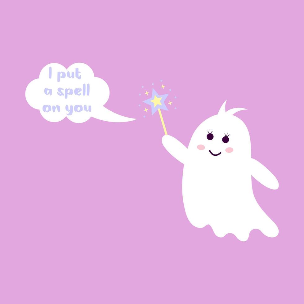 Cute ghost with magic wand and speech bubble. I put a spell on you. Halloween card. vector