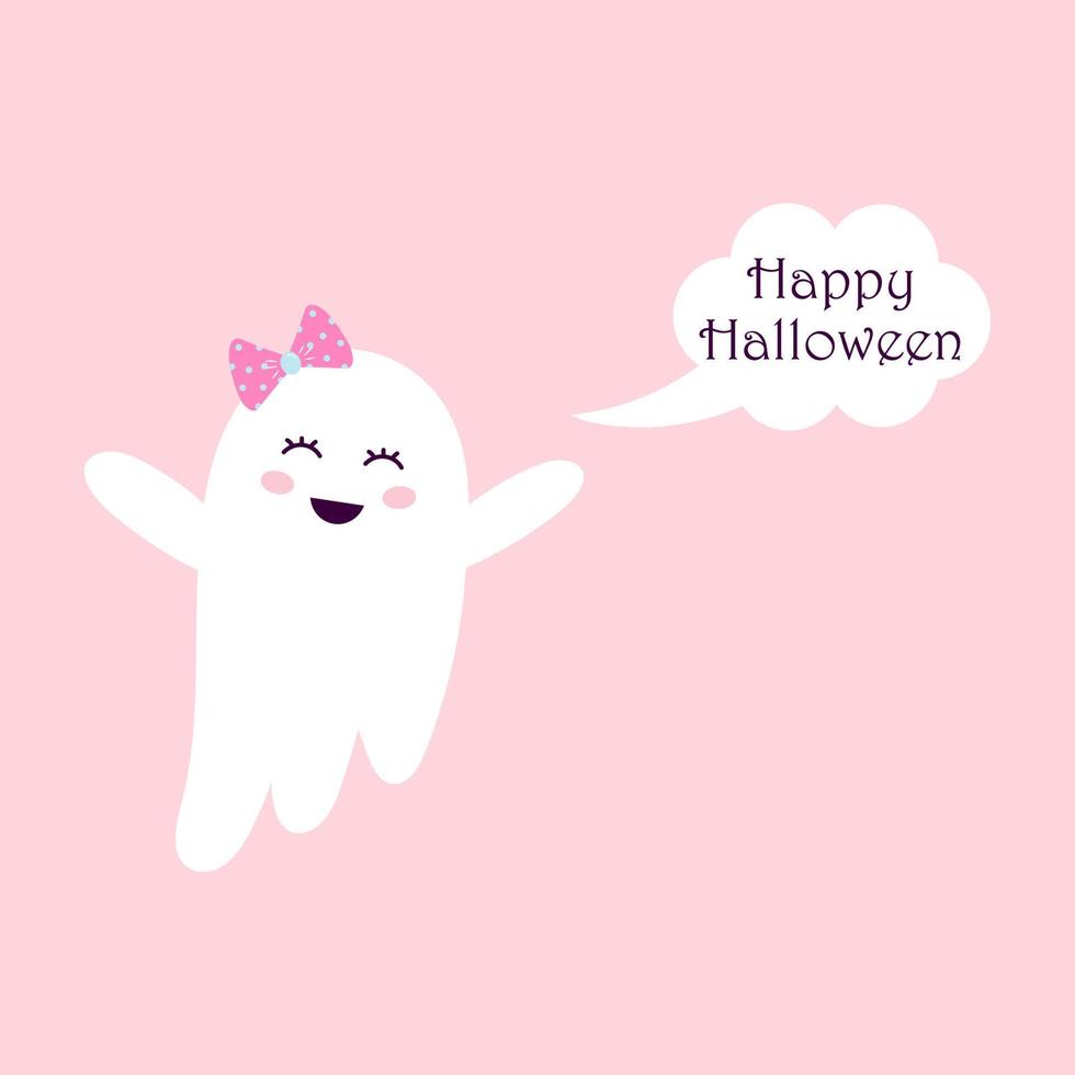 Cute ghost with a hair bow is flying. Speech bubble. Happy halloween. Halloween card. vector