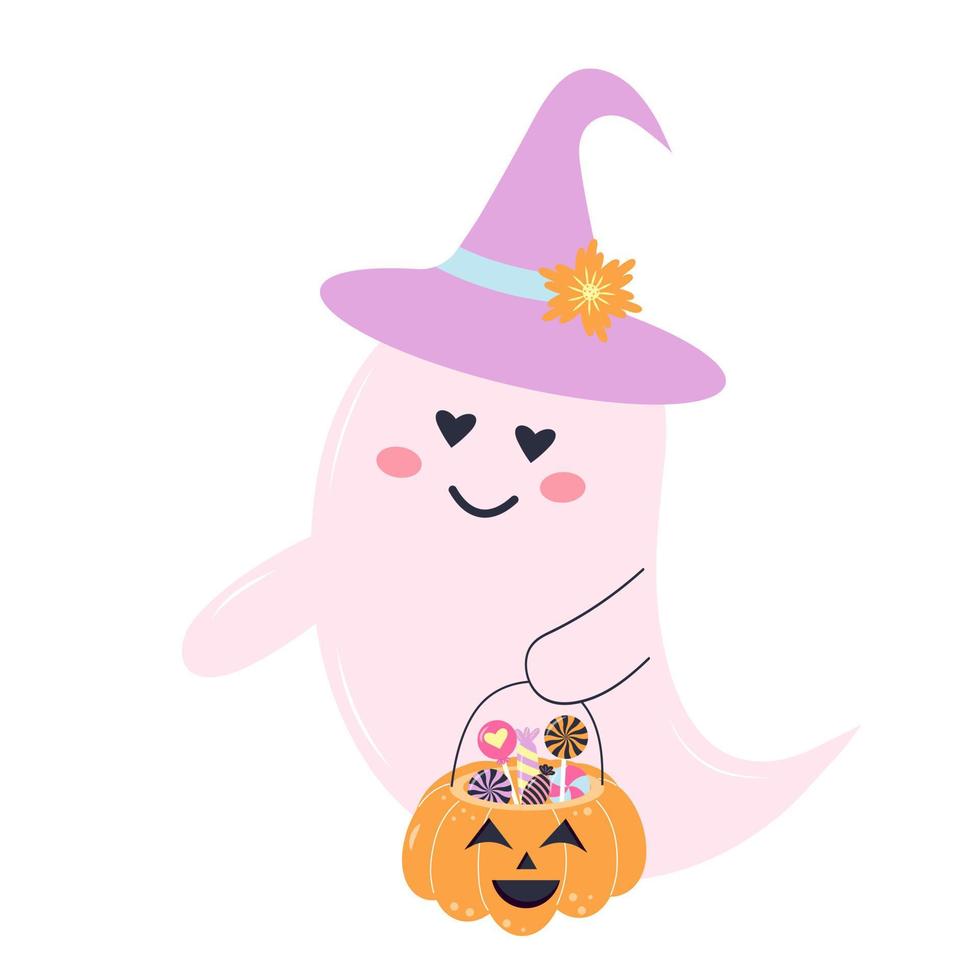 Cute pink ghost in a hat with pumpkin basket full of candies. Halloween character isolated on white background. vector