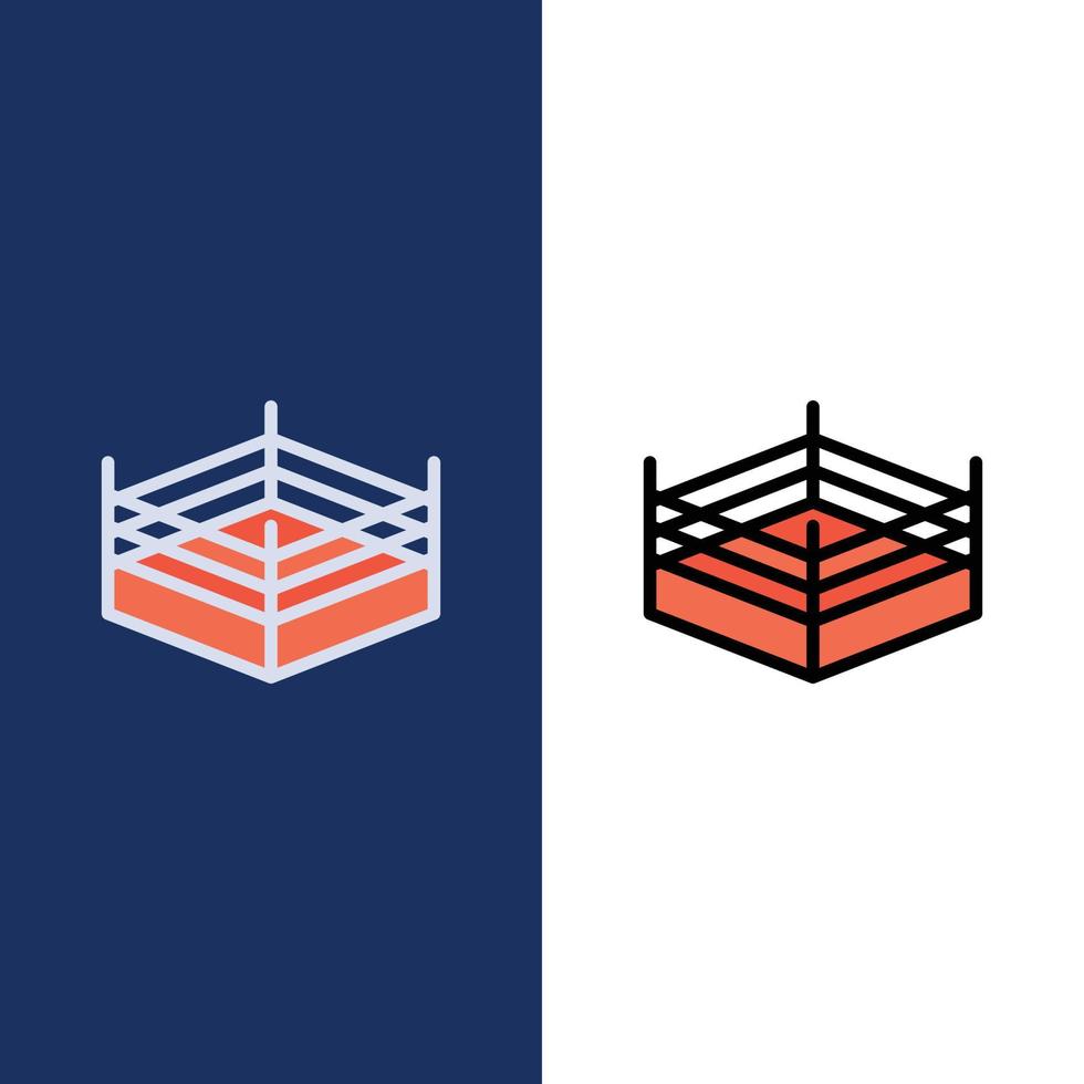 ring de boxeo iconos de lucha plana y conjunto de iconos llenos de línea vector fondo azul