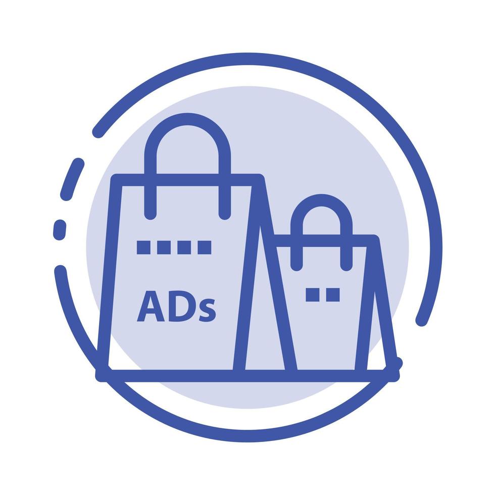 bolsa de publicidad monedero anuncio de compras compras línea punteada azul icono de línea vector