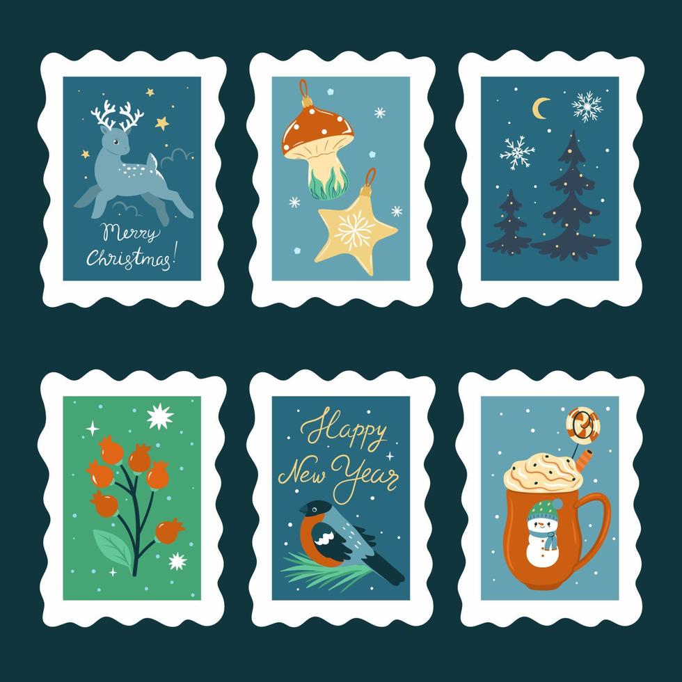 Set of Christmas postage stamps. Vector graphics.