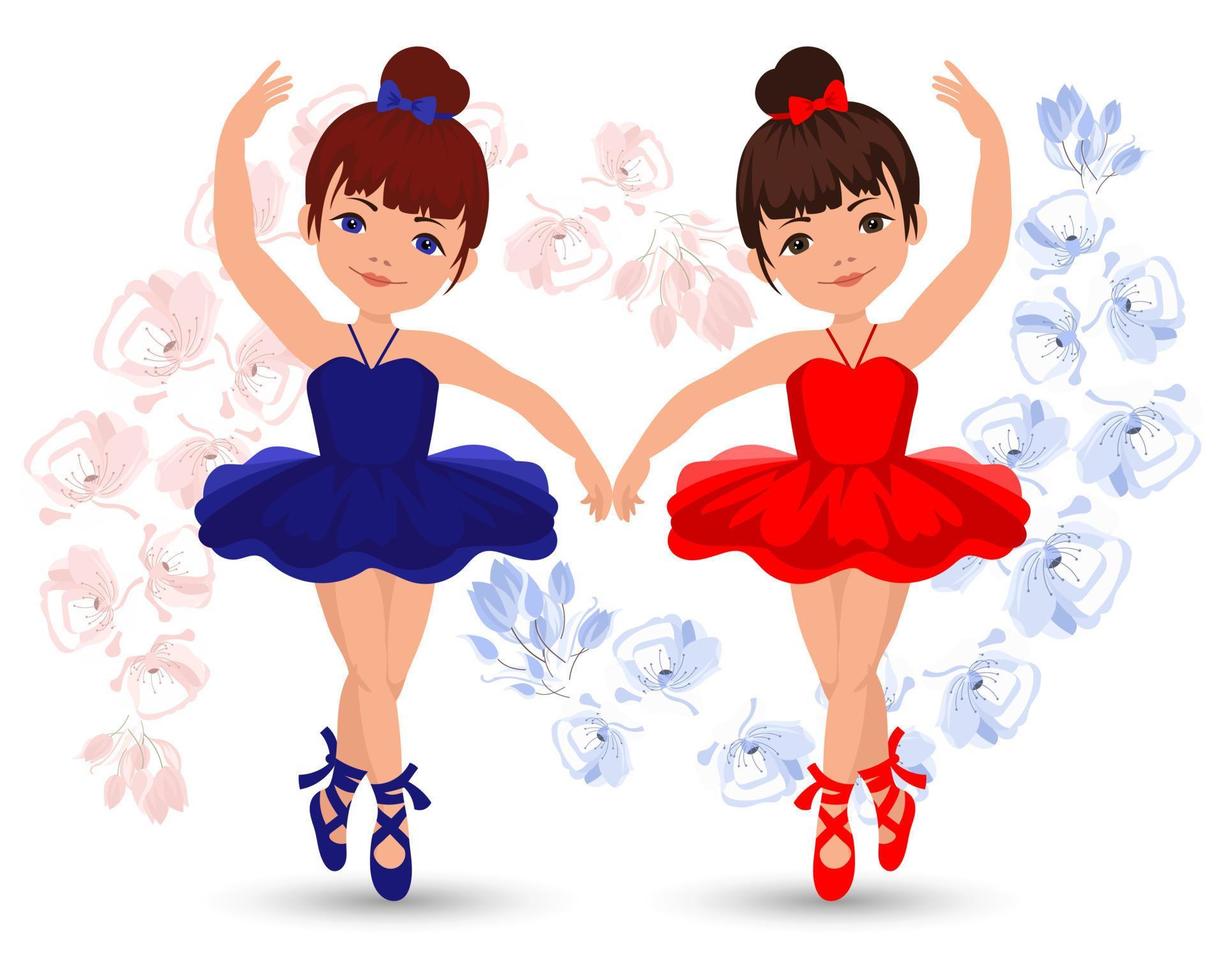 un par de bailarinas bailarinas con vestidos y zapatos puntiagudos sobre un fondo floral. ilustración, vectorial vector