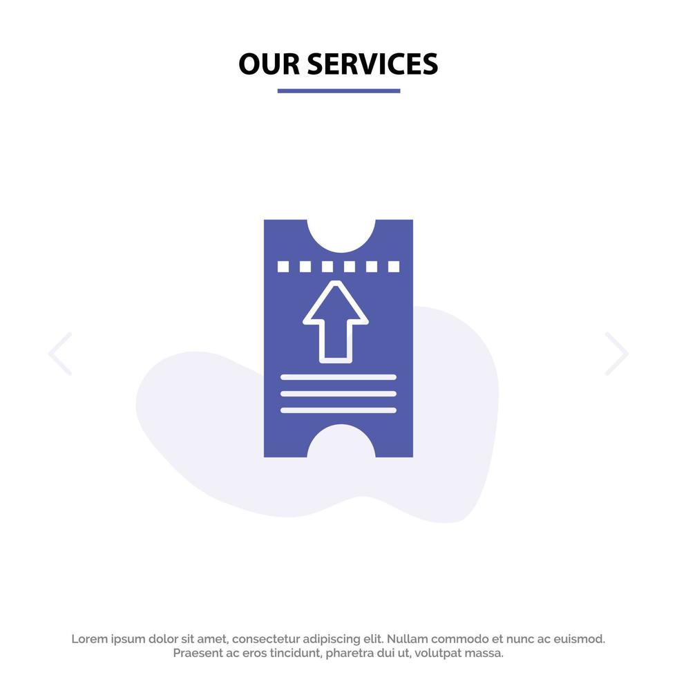 nuestros servicios boleto pase hotel flecha glifo sólido icono plantilla de tarjeta web vector