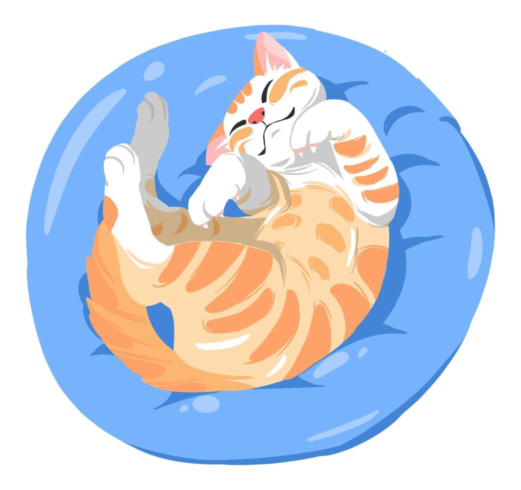 lindo gato naranja está durmiendo en una almohada suave azul. adecuado para el tema de mascotas, lindo, animal, diseño de camisetas, amante de los animales, comunidad de gatos. estilo de dibujos animados dibujados a mano vector