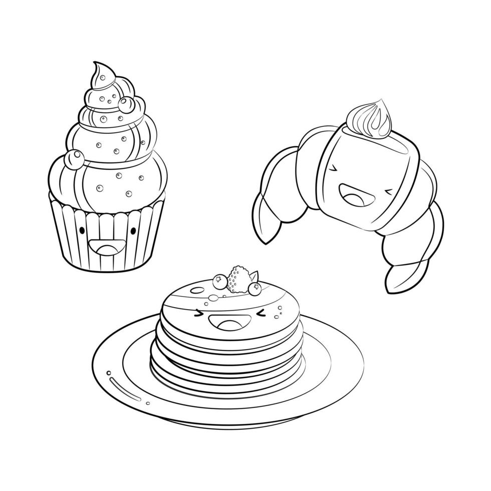 Outline drawing of  Muffin, croissant, pancakes with syrup and berries.  Black and white Vector icon cute illustration. Sticker kawaii cartoon logos. Dessert  concept.