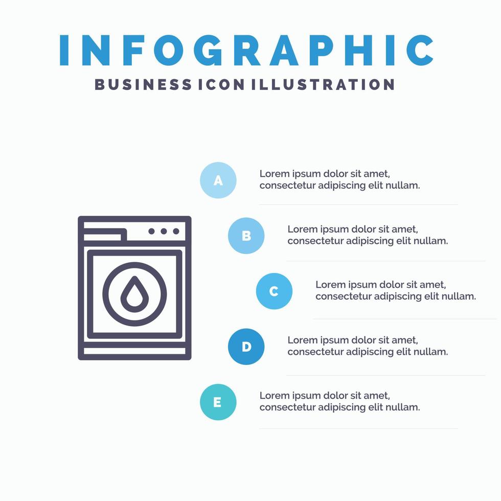 Laundry Machine Washing Robot Blue Infographics Template 5 Steps Vector Line Icon template