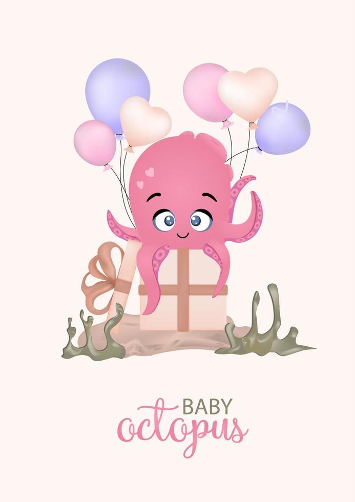 Interior poster for a children's room. Marine theme. Octopus pink on a gentle background. vector