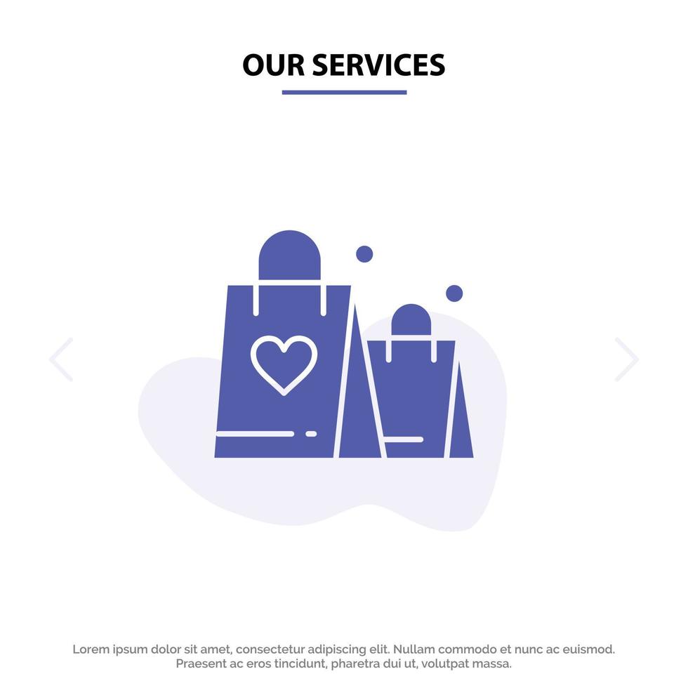 nuestros servicios bolso amor corazón boda icono de glifo sólido plantilla de tarjeta web vector