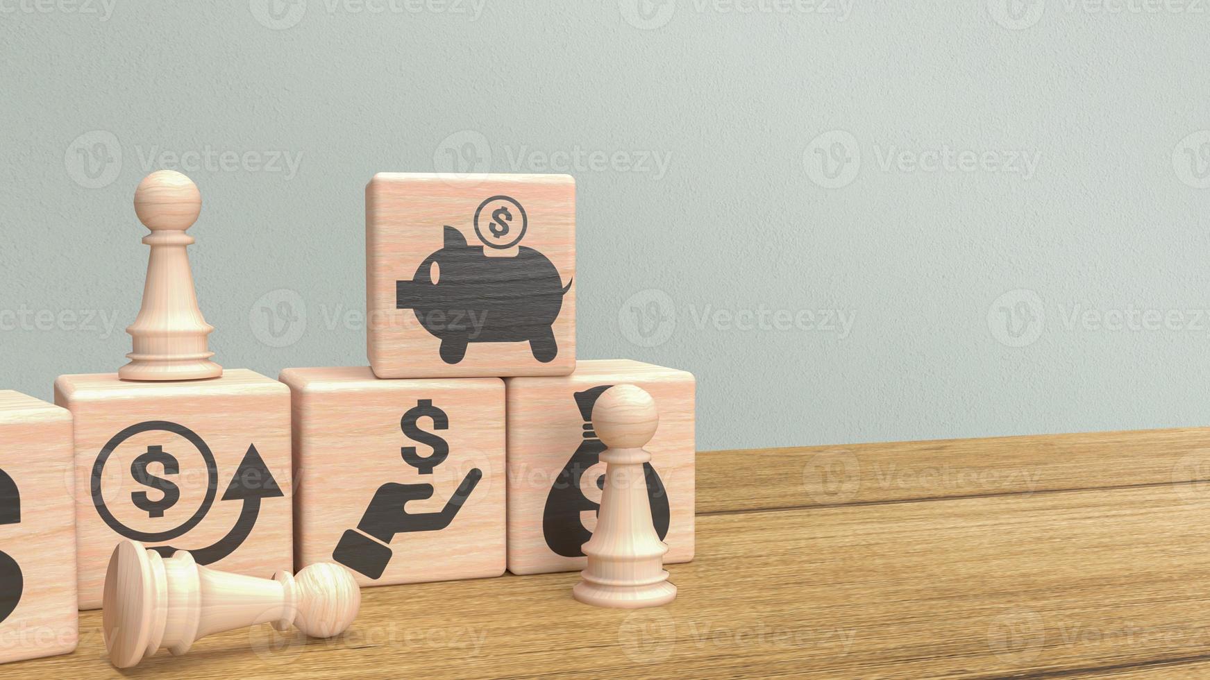 The chess and business icon on wood cube  3d rendering photo