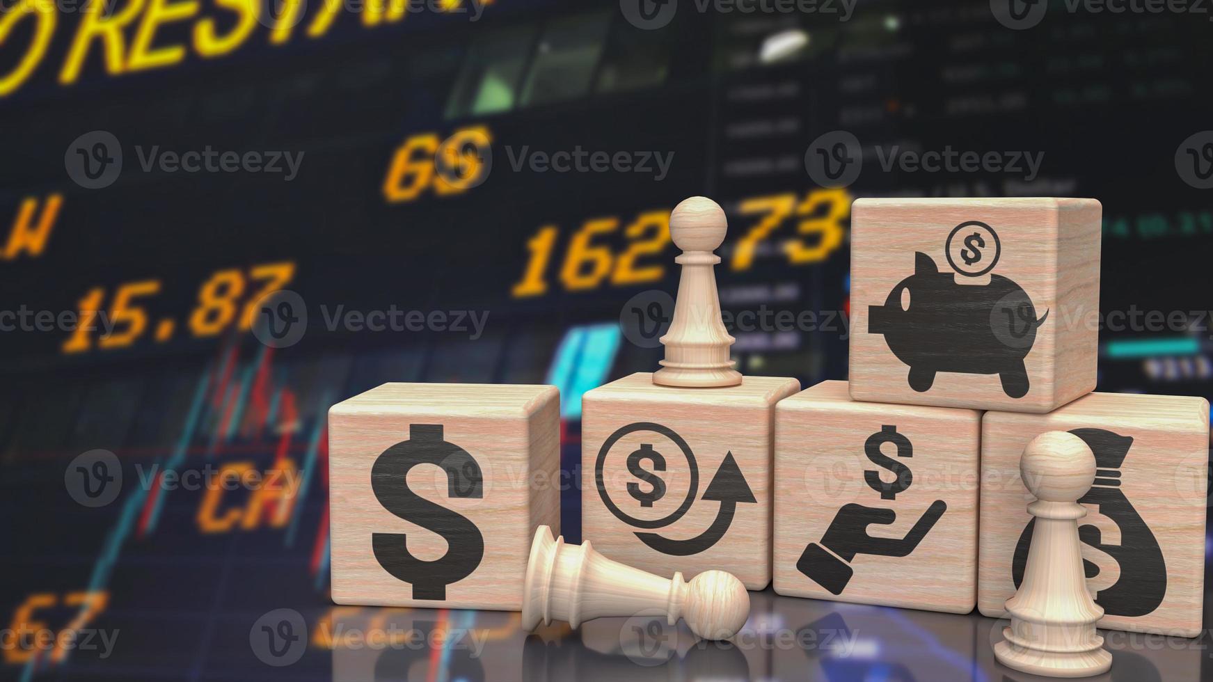 The chess and business icon on wood cube  3d rendering photo