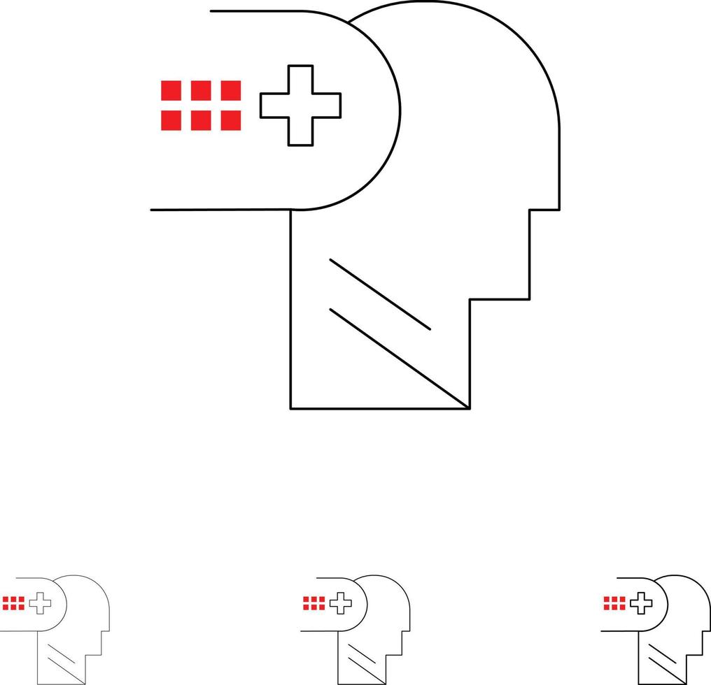 Health Mental Medical Mind Bold and thin black line icon set vector