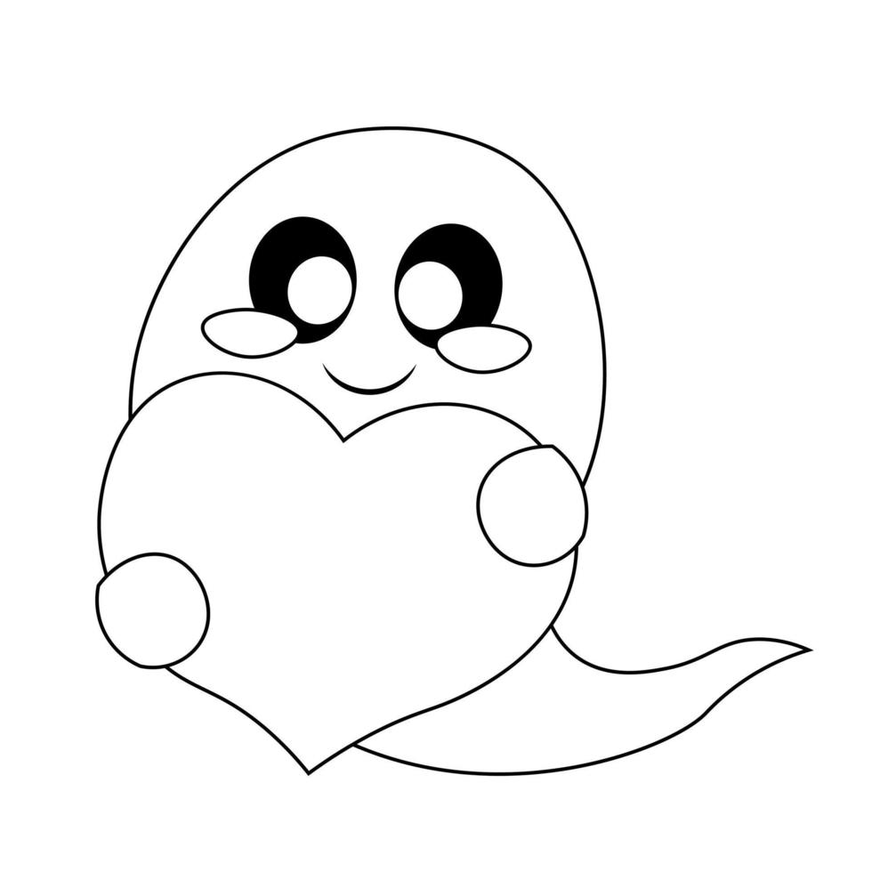 Cute Ghost and heart. Draw illustration in black and white vector