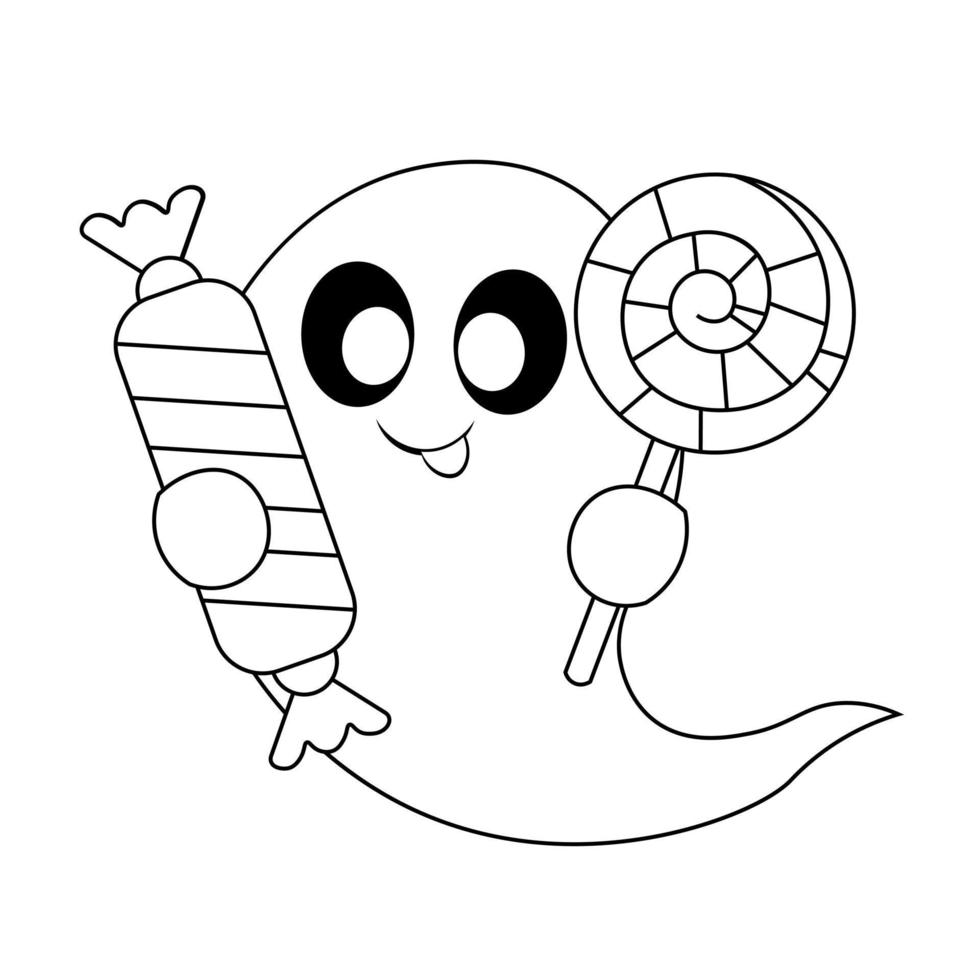 Cute Ghost and Candy. Draw illustration in black and white vector