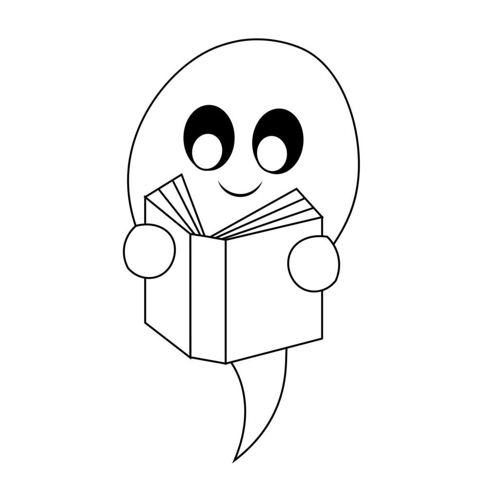 Cute Ghost read book. Draw illustration in black and white vector