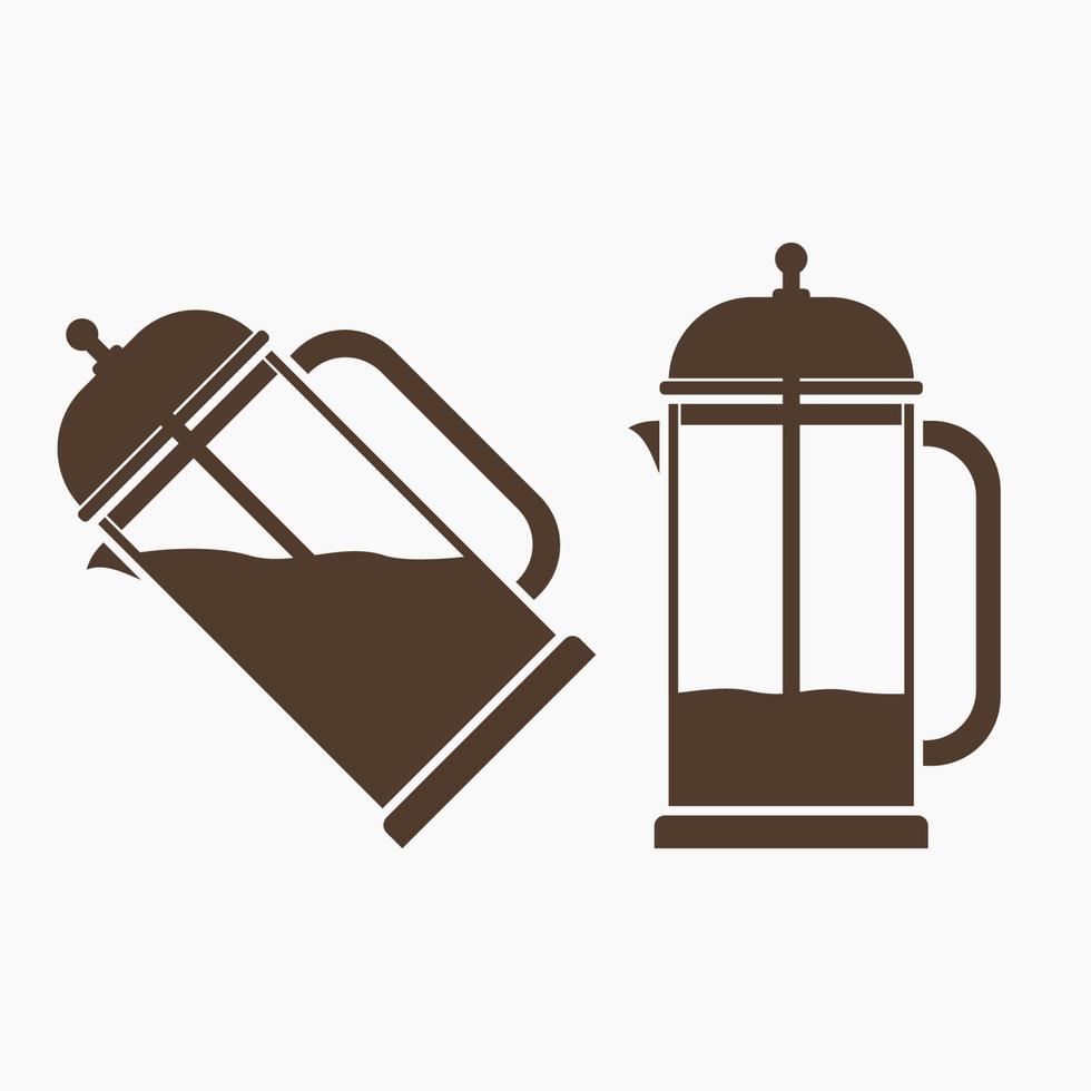 Editable Flat Monochrome Style French Press Coffee Maker with Brown Color in Stand and Pouring Positions Vector Illustration for Cafe or Business Product Related Design Elements