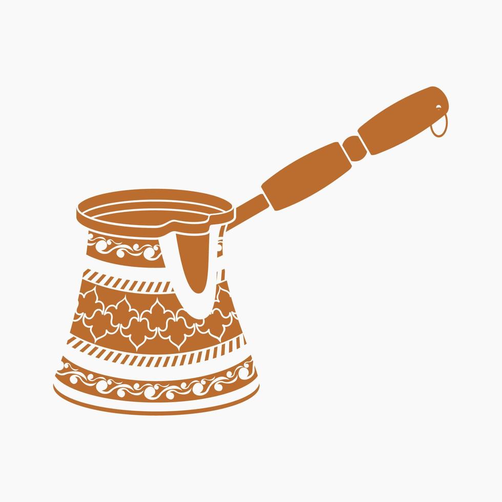 Editable Isolated Flat Monochrome Style Patterned Cezve Turkish Coffee Pot Brewing Equipment Vector Illustration with Wooden Handle for Cafe and Ottoman Turkish Culture Tradition Related Projects